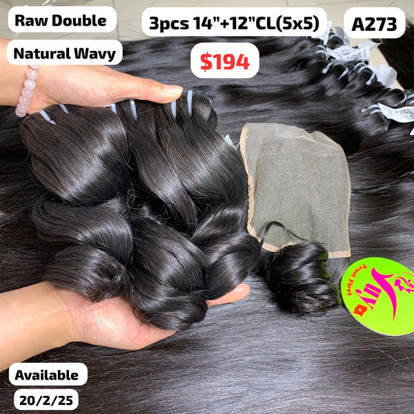 3pcs 14" and 12" 5x5 closure Natural wavy double drawn raw hair (A273)