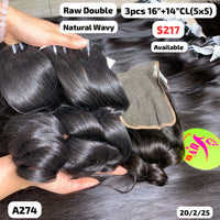 3pcs 16" and 14" 5x5 closure Natural wavy double drawn raw hair (A274)