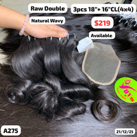 3pcs 18" and 16" 4x4 closure Natural wavy double drawn raw hair (A275)