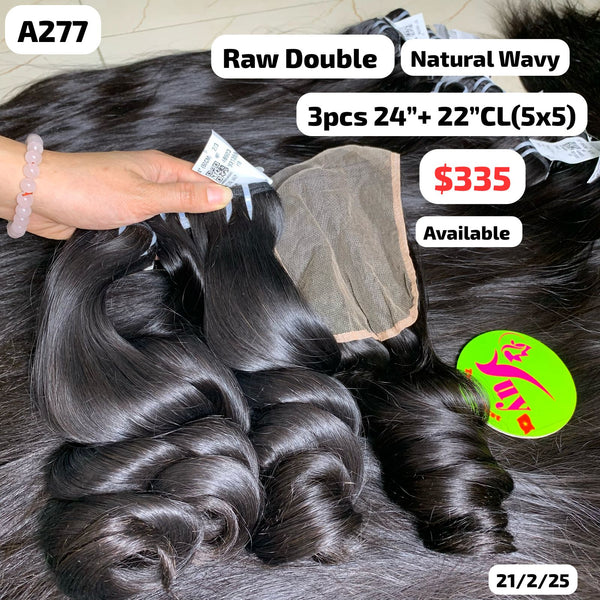 3pcs 24" and 22" 5x5 closure Natural wavy double drawn raw hair (A277)