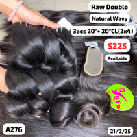 3pcs 20" and 20" 2x4 closure Natural wavy double drawn raw hair (A276)