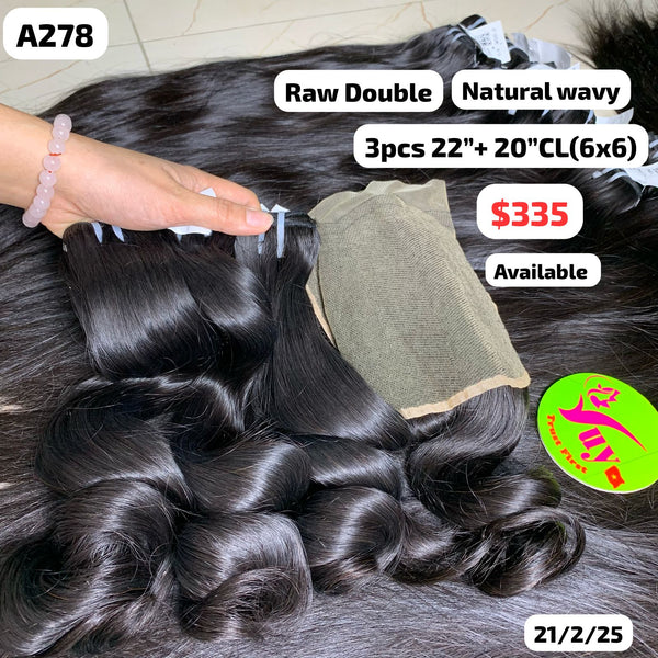 3pcs 22" and 20" 6x6 closure Natural wavy double drawn raw hair (A278)