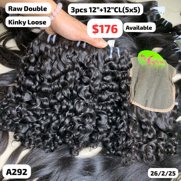 3pcs 12" and 12" 5x5 closure Kinky loose curly double drawn raw hair (A292)