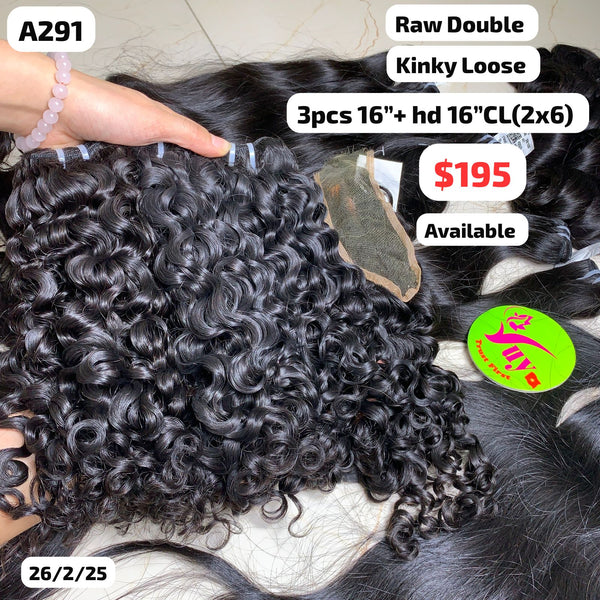 3pcs 16" and 16" 2X6 HD closure Kinky loose curly double drawn raw hair (A291)