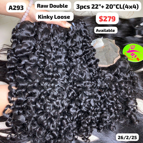 3pcs 22" and 20" 4x4 closure Kinky loose curly double drawn raw hair (A293)