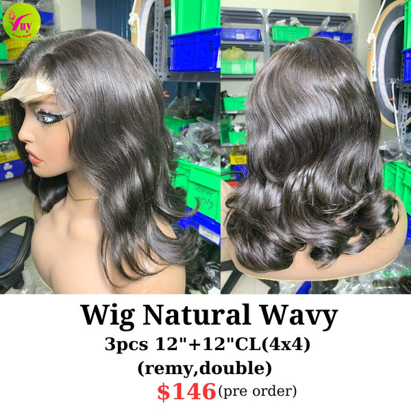 [PRE-ORDER] 12" 4x4 closure wig natural wavy hair (made from 3pcs 12" and 12" 4x4 closure remy hair)