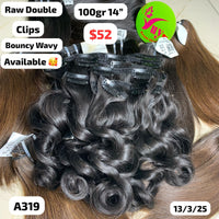 100g 14" clip ins Bouncy wavy double drawn raw hair (A319)