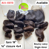 3pcs 18" + 16" Closure 4x4 Bouncy Wavy Single Donor (A11)