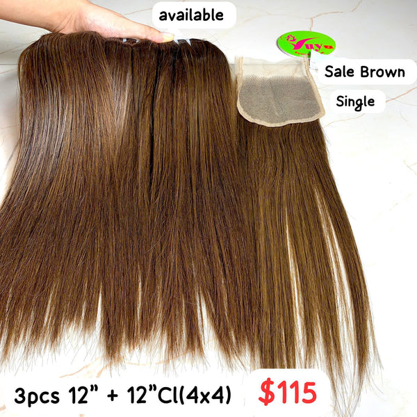 12" 3pcs + 12" Closure 4x4 Straight Sale Brown Single